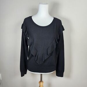 Gap Merino Wool Blend Sweater Womens Medium Ruffle Knit Old‎ Money Classic Black